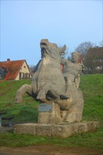 Sculpture bull figure by Wilhelm Ax 1939 made of stone, ox, ox figure, Ochsenfurt, Lower Franconia,
