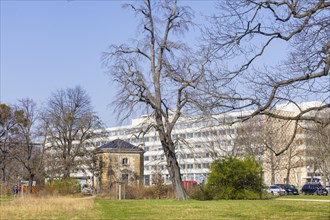 Blueher Park with Lingnerallee gate pavilion and former Robotron building, Dresden, Saxony,