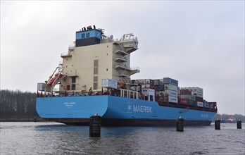 Container ship Laura Maersk travelling through the Kiel Canal, Kiel Canal, Schleswig-Holstein,