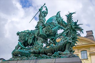 Statue of St Goran, fighting the dragon in Stockholm, Sweden, Europe