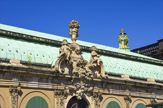 Architectural detail of the roof section of the German Pavilion of the Dresden Zwinger, a jewel of