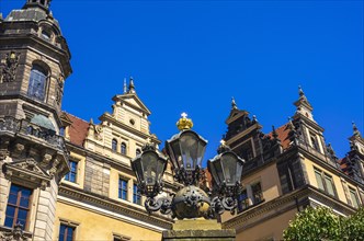 Architectural details of the rebuilt royal Dresden Residential Palace at the entrance to the Green