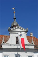 Baroque town hall with flag, spire and decorations, detail, market square, Iphofen, Lower
