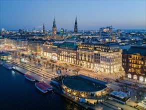 Aerial view of Jungfernstieg with Inner Alster Lake at blue hour, Hamburg, Germany, Europe