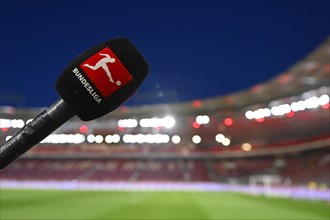 Microphone, microphone, logo, Bundesliga, interior, floodlit match, blue hour, MHPArena, MHP Arena