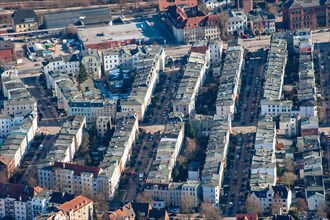 Aerial view, house, flat, settlement, land use, road, parking, cars, parking space, Luebeck,