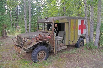 Jeep from the 1940s, old US Army camp, Yukon Discovery Lodge, Alaska Highway, Yukon, Canada, North