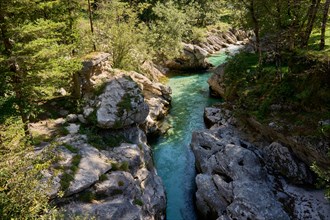 Soca River, narrow limestone gorge with rapids, small Soca troughs, Soca Valley, Mala korita Soce,