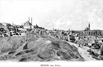Citadel of Cairo, mosque, city view, minarets, hill, Egypt, Africa, historical illustration, Africa