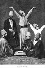 Dancing dervishes, Cairo, Egypt, group, music, flute, hat, Africa, historical illustration 1890,