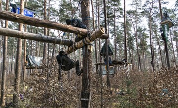 Climate activists build more tree houses in Gruenheide forest. The activist group Stop Tesla has