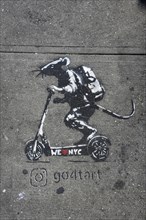 Graffiti on pavement, mouse with backpack on scooter with inscription We love NYC, SoHo