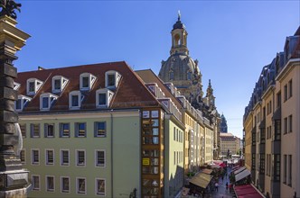 Picturesque view from Bruehl's Terrace through Muenzgasse to the Church of Our Lady in Dresden,