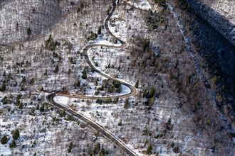 Aerial view, Col du Pas de la Graille, pass, road, snow, curvy, winter, Lure, Sisteron, France,