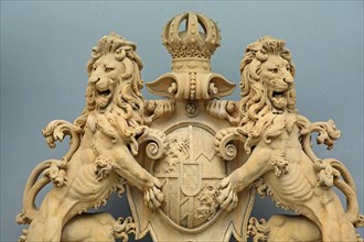 Two lion figures with coat of arms and crown from the historic Kingdom of Bavaria, Bavarian,