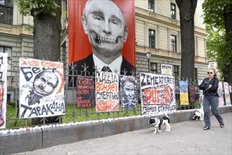 Riga. Protest posters opposite the Russian Embassy against Putin's war in Ukraine, Riga, Latvia,