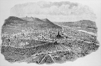 City view of Vienna, buildings, streets, mountains, Danube, Austria, historical illustration 1890,