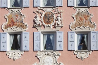 Window in a historic house with Lueftlmalerei in Ludwigstrasse, Partenkirchen district,