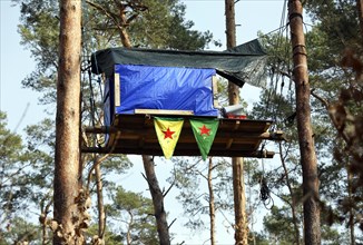A tree house in the forest near Gruenheide. The activist group Stop Tesla has built tree houses in