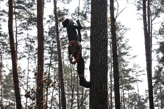 An activist pulls himself up a rope to one of the tree houses in the Gruenheide forest. The