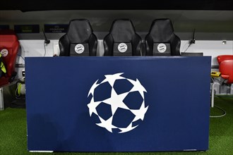 Logo, presenter's table, FC Bayern Munich FCB, Champions League, CL, Allianz Arena, Munich,