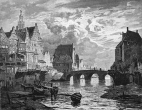 The Delft in Emden, Lower Saxony, inland harbour, harbour basin, bridge, gabled houses, crane,