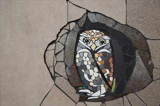 Wall mosaic with burrowing owl by Isidora Paz Lopez 2019, one, brown, bird figure, handicraft,