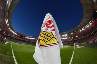 Corner flag, logo, VfB Stuttgart, Bundesliga, interior, floodlit match, blue hour, MHPArena, MHP