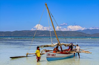 Sailing boat in the waters of the island of Nosy Iranja near Nosy Be, Madagascar, Africa