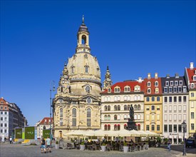 Tourist scene in front of the Church of Our Lady on the Neumarkt in Dresden, Saxony, Germany, for