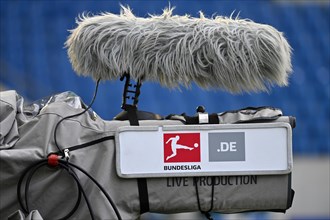 TV camera with outdoor microphone, windscreen, logo, Bundesliga, PreZero Arena, Sinsheim,