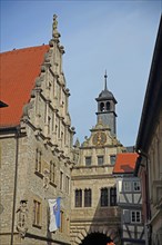 Renaissance town hall built in 1580 and historic Main Gate, town gate, gate tower, Marktbreit,