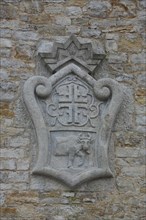 Town coat of arms with ox figure, bull figure, stone, relief, gymnastics club, Ochsenfurt, Lower