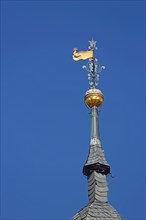 Spire with golden weather vane from the baroque town hall, ridge turret, detail, market square,