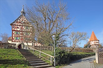 Historic gate tower built in 1535 and Seilerturm, gatehouse, half-timbered house, staircase,