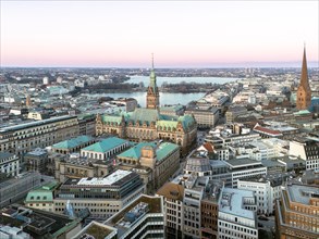 Aerial view of Hamburg City Hall with Inner Alster and Outer Alster Lake, Hamburg, Germany, Europe