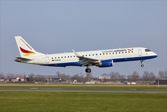 German Airways Embraer E190SR with registration D-AKJC lands on the Polderbaan, Amsterdam Schiphol
