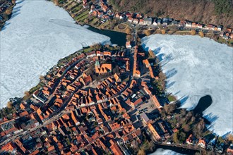 Aerial view, old town, Eulenspiegelstadt, Schulsee, ice, winter, Moelln, Schleswig-Holstein,