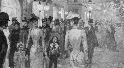 On the Ringstrasse in Vienna, street scene at night, many people, elegant clothes, children,