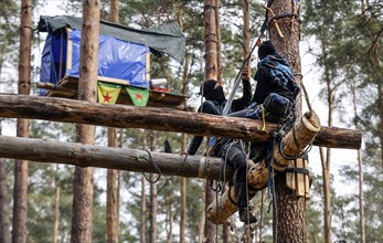 Climate activists build more tree houses in Gruenheide forest. The activist group Stop Tesla has