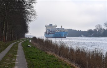 Container ship Laura Maersk travelling through the Kiel Canal, Kiel Canal, Schleswig-Holstein,