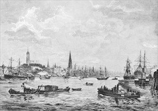 View of the Elbe, Hamburg harbour, panorama, sailing ships, launches, steamboats, Michel, church
