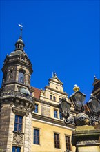 Architectural details of the rebuilt royal Dresden Residential Palace at the entrance to the Green
