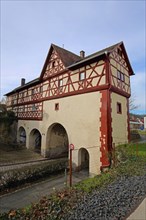 Historic pigeon tower, castle, gatehouse, town gate, half-timbered house, Ochsenfurt, Lower