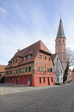 Red house and church tower of St Maria am See church, Seegasse, Bad Windsheim, Middle Franconia,