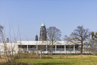 Blueher Park with Robotron canteen, town hall and Kreuzkirche church, Dresden, Saxony, Germany,