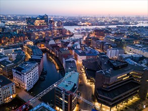 Aerial view of Hamburg harbour and the Elbe Philharmonic Hall concert hall at blue hour, Hamburg,
