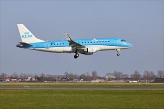KLM Cityhopper Embraer E175STD with the registration PH-EXT approaching the Polderbaan, Amsterdam