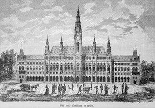 New City Hall in Vienna, tower, clock, architecture, Austria, historical illustration 1890, Europe