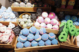 Unpackaged Lush cosmetic products.240 sustainable alternatives to packaged cosmetics are offered in
